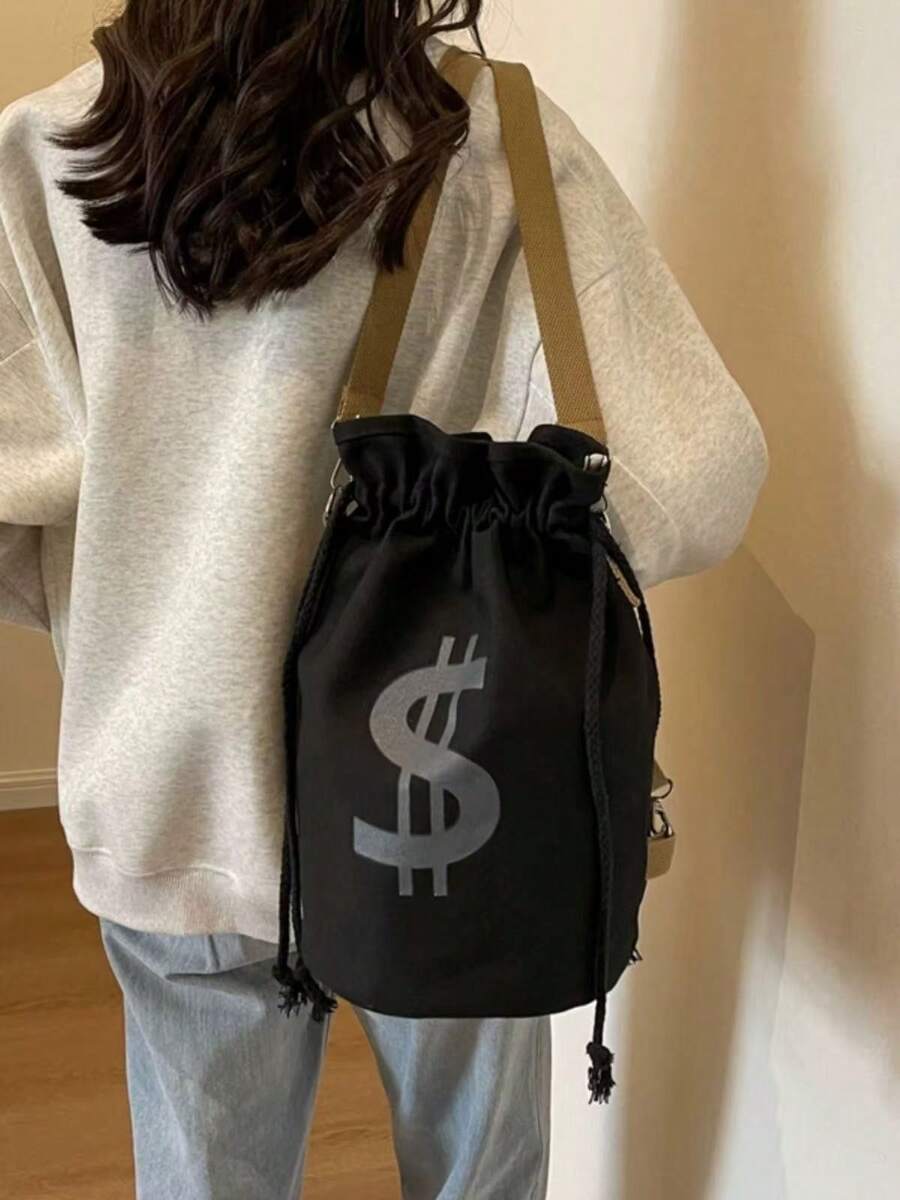 Canvas Tote Bag - Black Canvas Drawstring Crossbody Bucket Bag