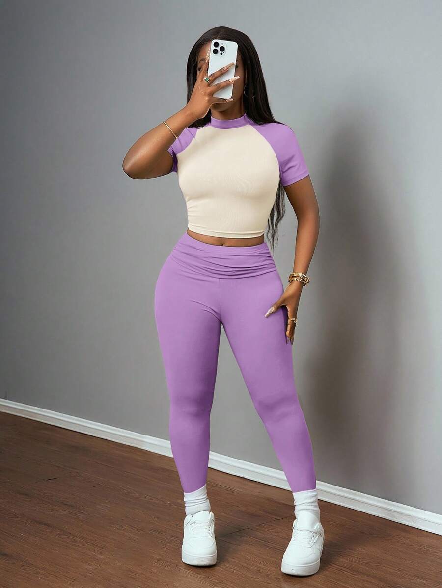 Beige Ruched Crop Top And High – High Waist Leggings recenzja i cena