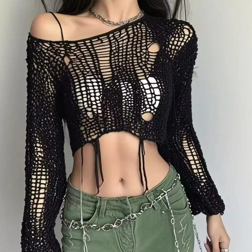Cropped Hole Sweater Sexy Gyar – Women'S Fashion Knitwear recenzja i cena