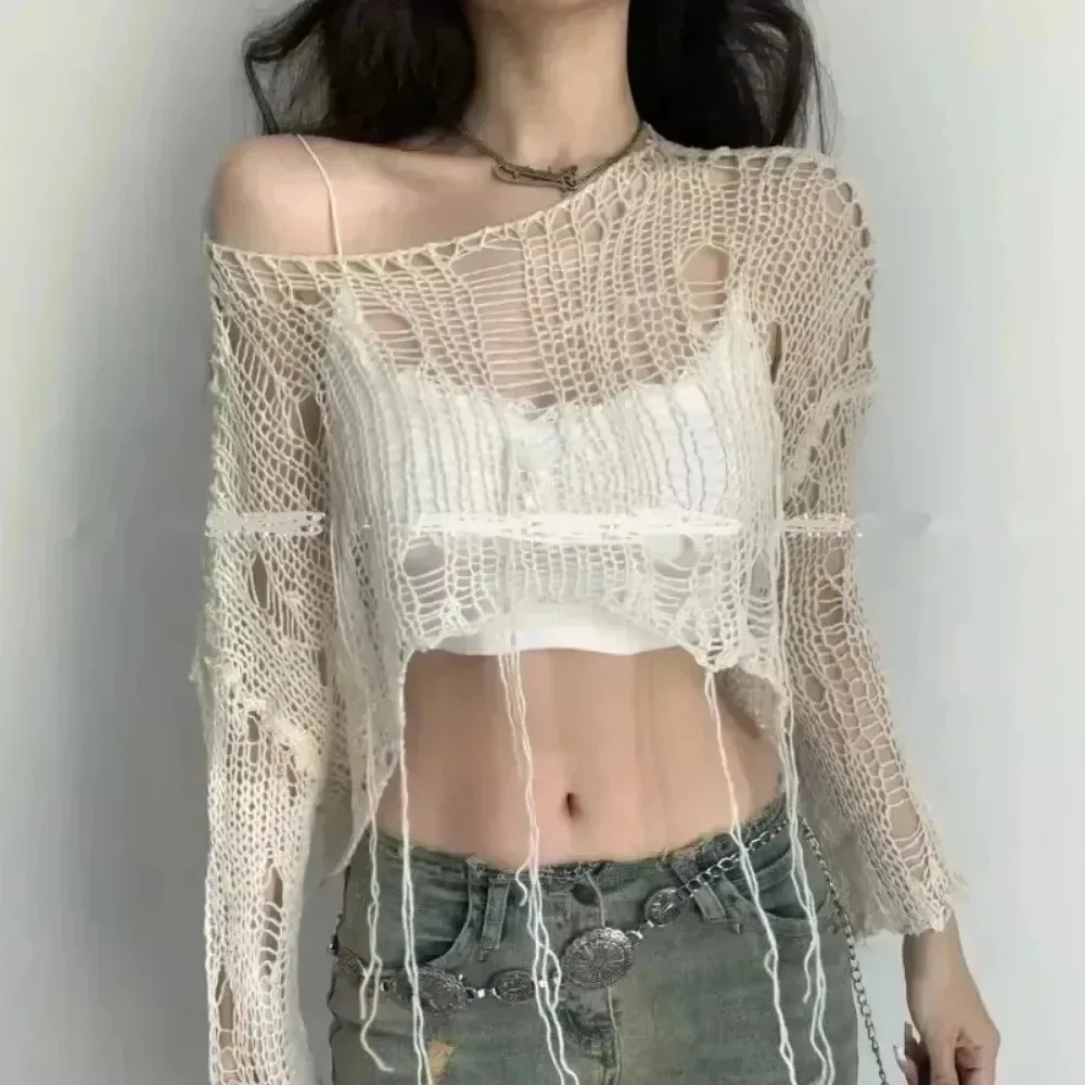 Cropped Hole Sweater Sexy Gyar – Women'S Fashion Knitwear recenzja i cena
