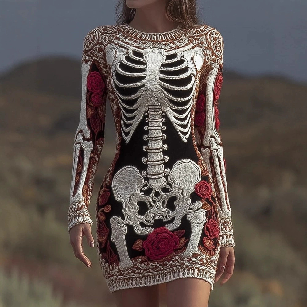 Spooky Gothic Skull Round Neck – Bodycon Dress Women recenzja i cena