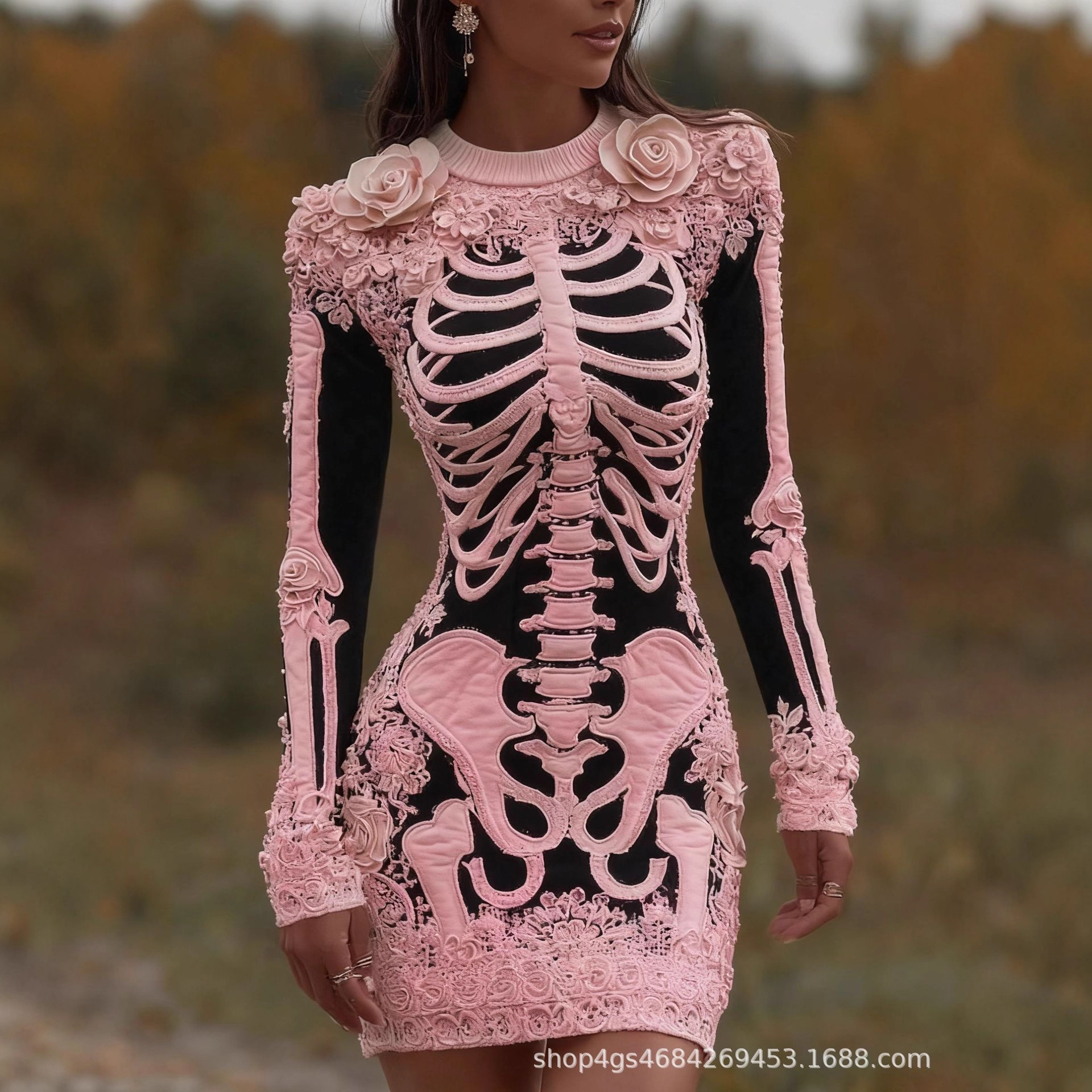 Spooky Gothic Skull Round Neck – Bodycon Dress Women recenzja i cena