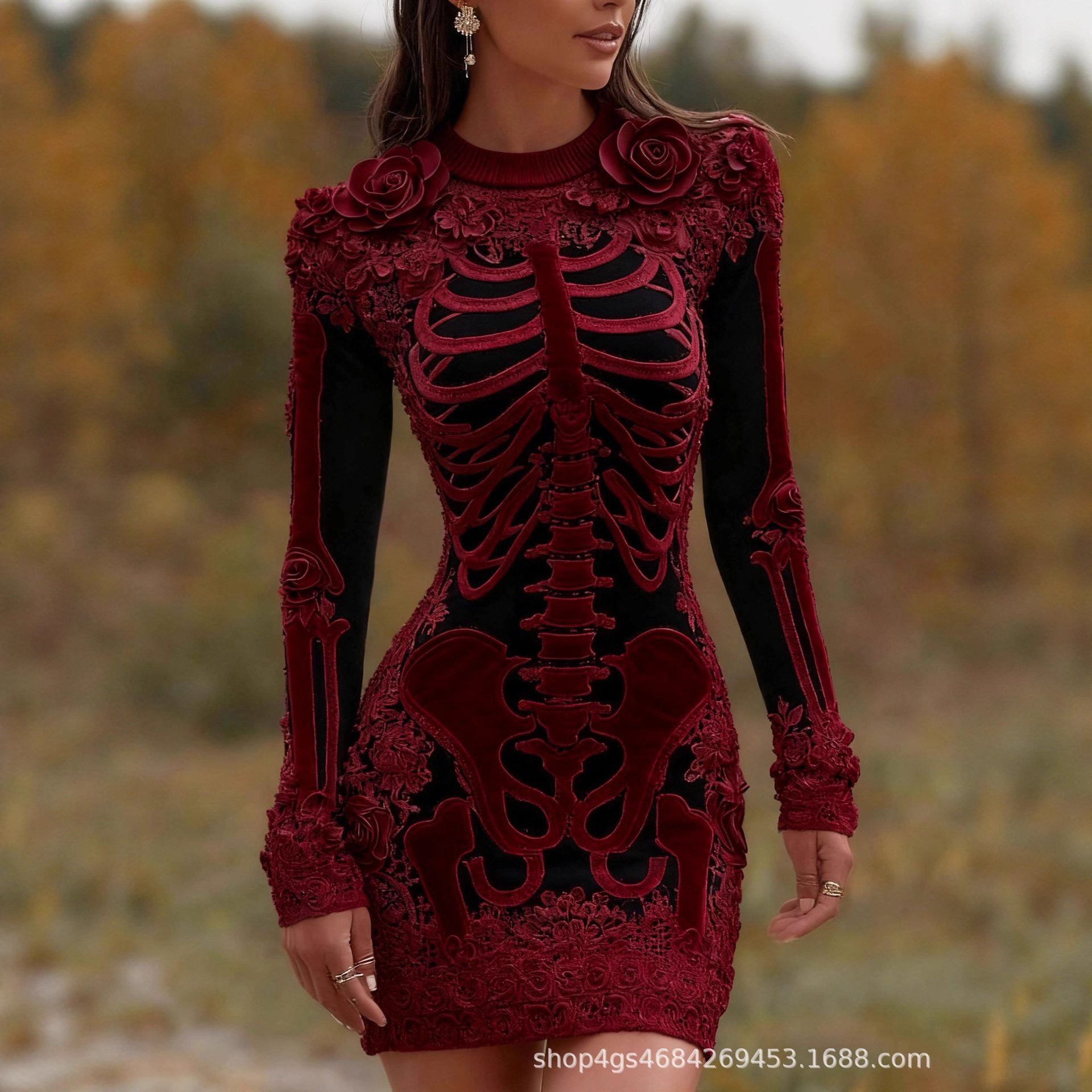 Spooky Gothic Skull Round Neck – Bodycon Dress Women recenzja i cena